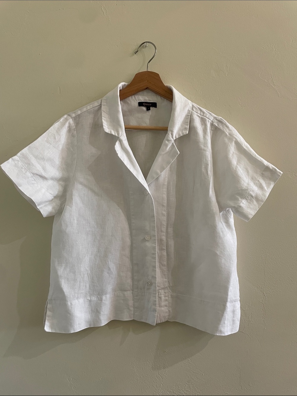 Quince Linen White Short Sleeve boxy Button-Front Blouse size S Lagenlook